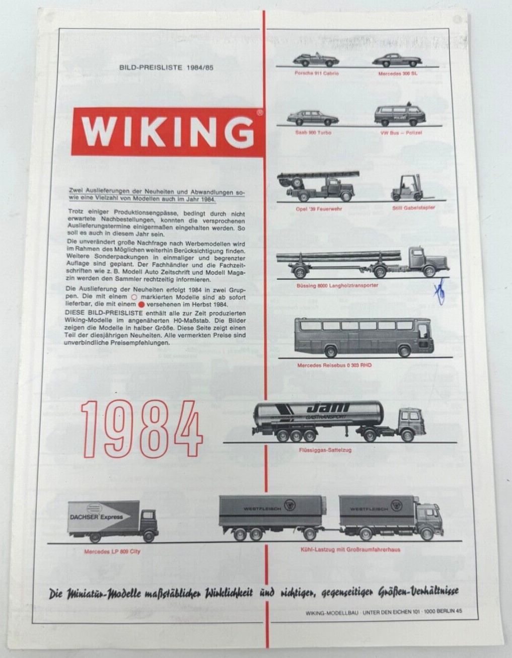 Wiking Modell Programm 1984 - 6 bebilderte Seiten HO 1:87 / 1:160