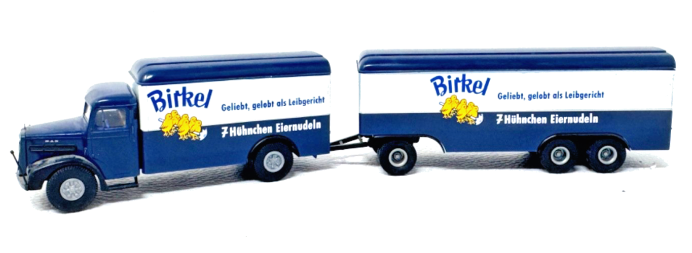 Brekina 1:87 - MAN F8 Hauber Koffer-Hängerzug Lastzug "Birkel" - 1:87 H0 HO
