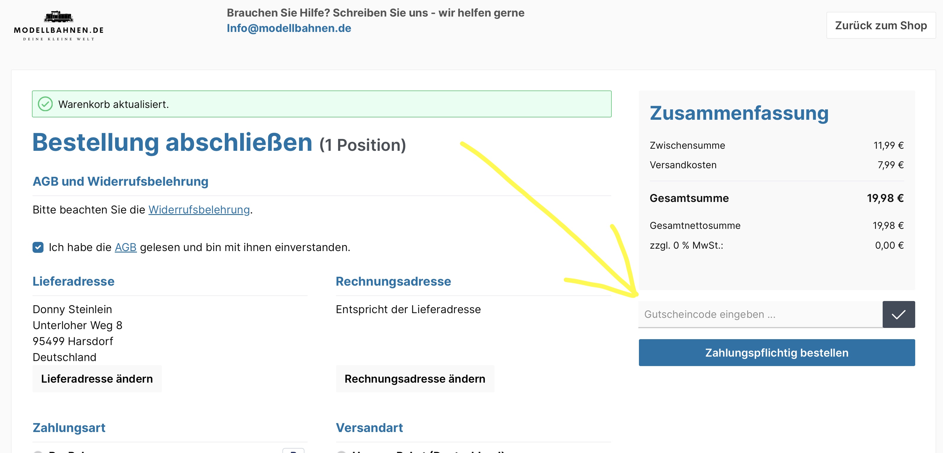 Gutschein im Bestellprozess
