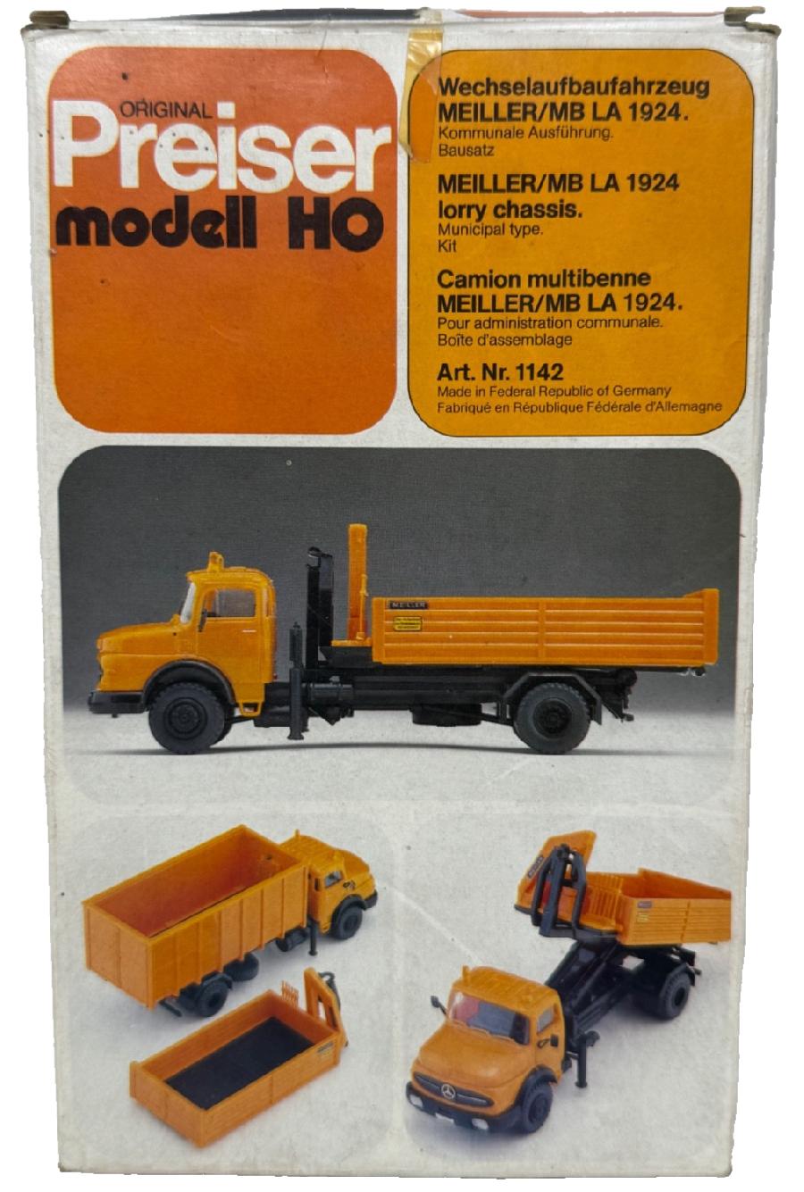 Preiser 1142 Wechselaufbaufahrzeug Meiler MB LA 1924 gebauter Bausatz H0 HO 1:87