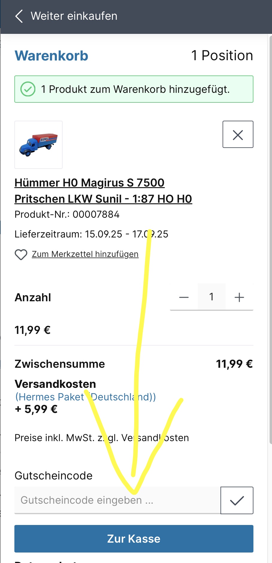 Gutschein im Warenkorb