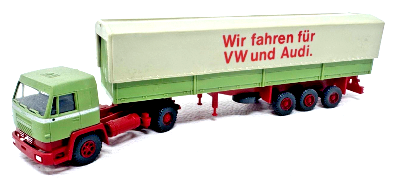 Roskopf H0 Büssing BS 16 L Pritschensattelzug Wir fahren für VW ...  1:87 H0 HO
